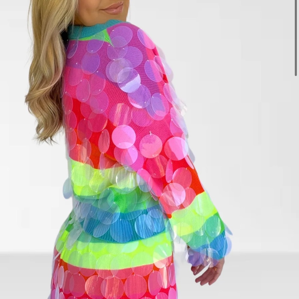 QUEEN OF SPARKLES Neon Stripe Clear Sequin Sweater and Short Set